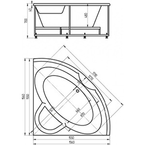 Акриловая ванна Aquatek Поларис 155x155 каркас, фронтальная панель, слив-перелив (POL2-0000041)