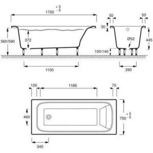 Ванна Jacob Delafon Elite 180x85 с ножками, слив-перелив (E6D034-00, E6D071-CP)