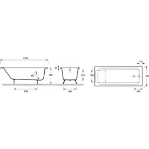 Чугунная ванна Jacob Delafon Parallel 170х70 без отверстий для ручек (E2947-S-00)