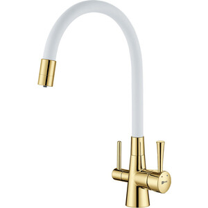 Смеситель для кухни Lemark Comfort с гибким изливом и подключением к фильтру, золото/белый (LM3075G-White)