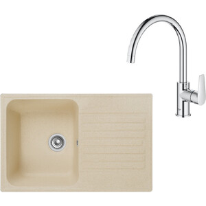 Кухонная мойка и смеситель GranFest Quarz GF-Z78, Grohe BauEdge 31367001 с сифоном, бежевая