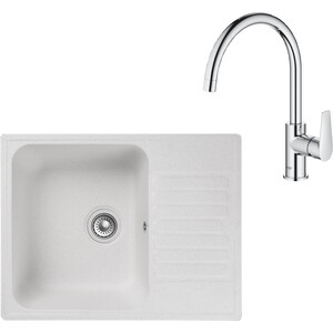 Кухонная мойка и смеситель GranFest Quarz GF-Z13, Grohe BauEdge 31367001 с сифоном, белая