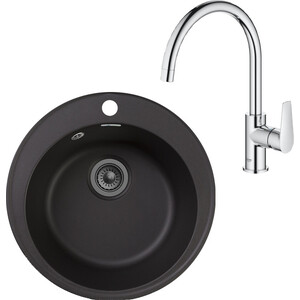 Кухонная мойка и смеситель GranFest Quarz GF-Z08, Grohe BauEdge 31367001 с сифоном, черная