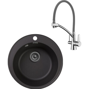 Кухонная мойка и смеситель GranFest Quarz GF-Z08, Lemark Comfort LM3071C-Gray с сифоном, черная