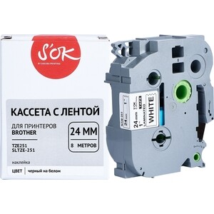 Кассета с лентой Sakura TZE251 для Brother, черный на белом, 24мм/8м, наклейка