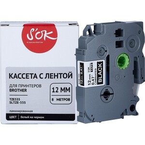 Кассета с лентой Sakura TZE335 для Brother, белый на черном, 12мм/8м, наклейка
