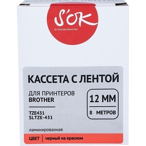 Кассета с лентой Sakura TZE431 для Brother, черный на красном, 12мм/8м, наклейка