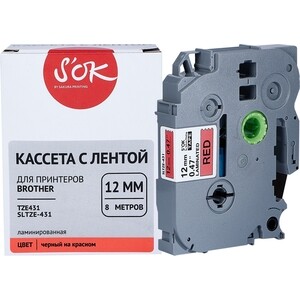 Кассета с лентой Sakura TZE431 для Brother, черный на красном, 12мм/8м, наклейка