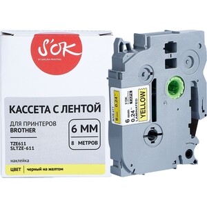 Кассета с лентой Sakura TZE611 для Brother, черный на желтом, 6мм/8м, наклейка