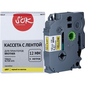 Кассета с лентой Sakura TZE631 для Brother, черный на желтом, 12мм/8м, наклейка