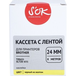 Кассета с лентой Sakura TZE651 для Brother, черный на желтом, 24мм/8м, наклейка