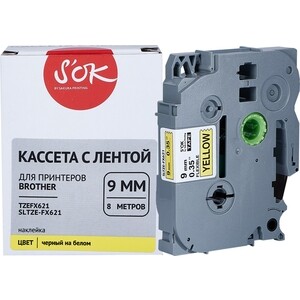 Кассета с лентой Sakura TZEFX621 для Brother, черный на желтом, 9мм/8м, наклейка