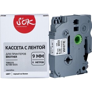Кассета с лентой Sakura TZES221 для Brother, черный на белом, 9мм/8м, наклейка