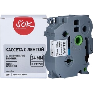 Кассета с лентой Sakura TZES251 для Brother, черный на белом, 24мм/8м, наклейка