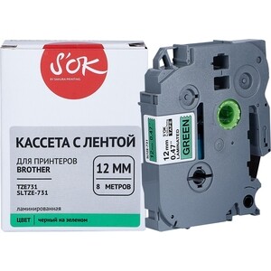 Кассета с лентой Sakura для TZE731 Brother, черный на зеленом, 12мм/8м, наклейка