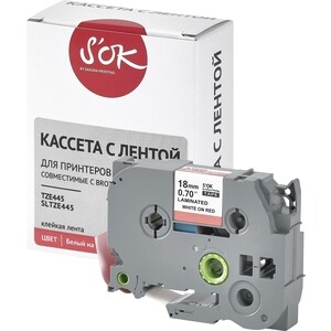 Кассета с лентой S'OK TZE445 для Brother, белый на красном, 18мм/8м
