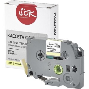 Кассета с лентой S'OK TZEC31 для Brother, черный на желтом, 12мм/8м