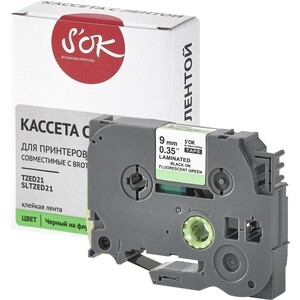 Кассета с лентой S'OK TZED21 для Brother, черный на зеленом, 9мм/8м
