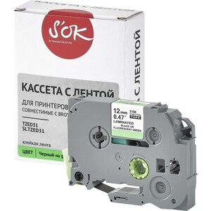 Кассета с лентой S'OK TZED31 для Brother, черный на зеленом, 12мм/8м
