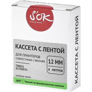Кассета с лентой S'OK TZED31 для Brother, черный на зеленом, 12мм/8м