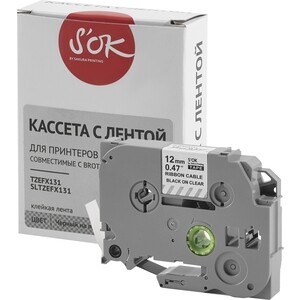 Кассета с лентой S'OK TZEFX131 для Brother, черный на прозрачном, 12мм/8м