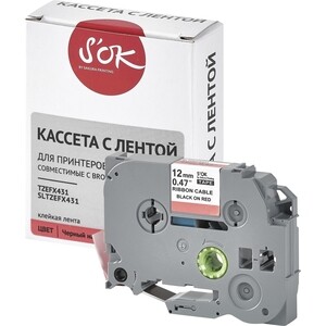 Кассета с лентой S'OK TZEFX431 для Brother, черный на красном, 12мм/8м