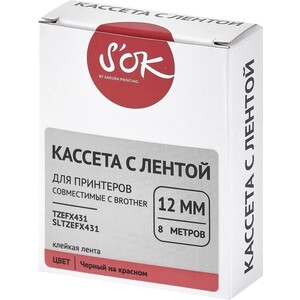 Кассета с лентой S'OK TZEFX431 для Brother, черный на красном, 12мм/8м