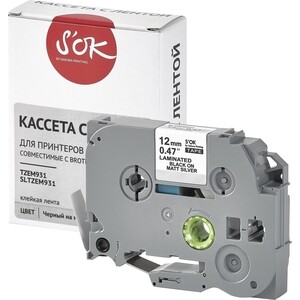 Кассета с лентой S'OK TZEM931 для Brother, черный на матовом серебре, 12мм/8м