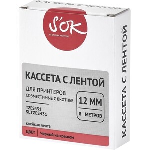 Кассета с лентой S'OK TZES431 для Brother, черный на красном, 12мм/8м