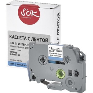 Кассета с лентой S'OK TZES531 для Brother, черный на синем, 12мм/8м