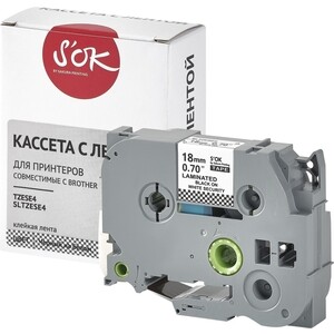 Кассета с лентой S'OK TZESE4 для Brother, черный на белом, 18мм/8м