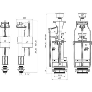Комплект сливной для бачка унитаза АНИ пласт 1/2 нижний, штуцер латунный, кнопка хром (WC8520C)