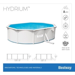 Стальной бассейн Bestway 56586 BW Hydrium 500х360х120см, 16296л, песч.фил.-нас 3028л/ч, лестн, тент, подст, попл.-доз