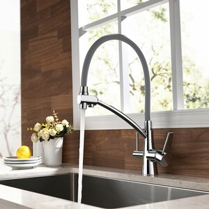 Смеситель для кухни Lemark Comfort с гибким изливом и подключением к фильтру, хром/серый (LM3071C-Gray)