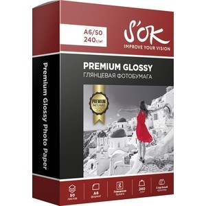 Фотобумага S'OK Premium глянцевая, А6, 240г/м2, 50 листов (SA6240050G)