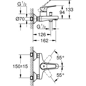 Смеситель для ванны Grohe BauFlow с душевым гарнитуром, хром (23601000, 27853001)