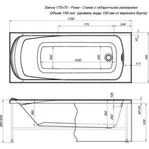 Акриловая ванна Aquanet Roma 170x70 с каркасом и панелью (205375, 242155)