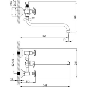 Смеситель для ванны Kaiser Crystal с душем, хром (28155)