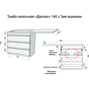 Тумба под раковину Style line Даллас Люкс 78 (140) три ящика, под стиральную машину, белая (СС-00002221)