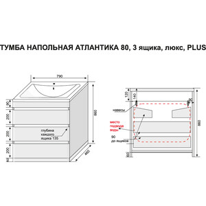 Тумба под раковину Style line Атлантика Люкс 80 3 ящика, бетон крем (СС-00002278)