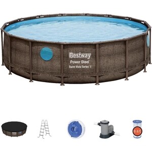 Каркасный бассейн Bestway 56725 BW Power Steel 488х122см "Ротанг" 19480л, фил.-нас. 5678л/ч, лестн., тент, попл.-доз.