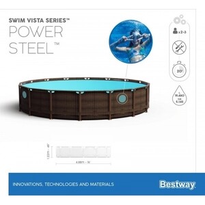 Каркасный бассейн Bestway 56725 BW Power Steel 488х122см "Ротанг" 19480л, фил.-нас. 5678л/ч, лестн., тент, попл.-доз.