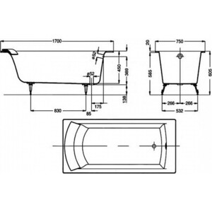 Чугунная ванна Jacob Delafon Biove 170x75 без отверстий для ручек (E2930-S-00)