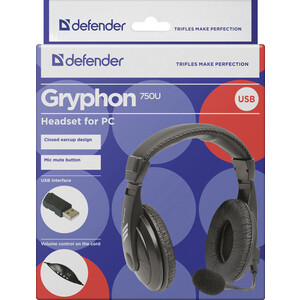 Гарнитура Defender Gryphon 750U USB, черный, 1.8м кабель (63752)