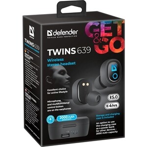 Беспроводная гарнитура Defender Беспроводная Twins 639 черный, TWS, PB, Bluetooth (63639)