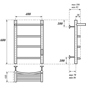Полотенцесушитель электрический Point П3 400x600 с полкой, диммер справа, черный (PN04846PB)