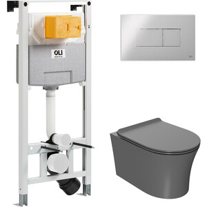 Комплект унитаза Point Вега с инсталляцией OLI pneumatic, клавишей Karisma хром глянцевый, сиденье-микролифт, серый матовый (879235pKA00+PN41711GM)