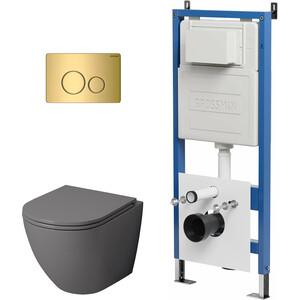 Комплект унитаза Grossman сиденье микролифт, инсталляция, клавиша золото глянцевая, серый матовый (97.4455GMS.05.30M)