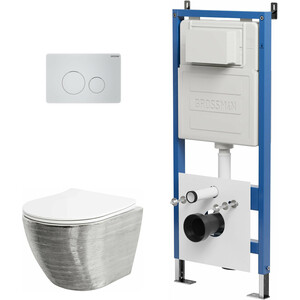 Комплект унитаза Grossman сиденье микролифт, инсталляция, клавиша белая матовая, серебро/белый (97.4455SWS.05.01M)