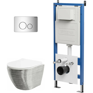 Комплект унитаза Grossman сиденье микролифт, инсталляция, клавиша хром глянцевая, серебро/белый (97.4455SWS.05.10M)